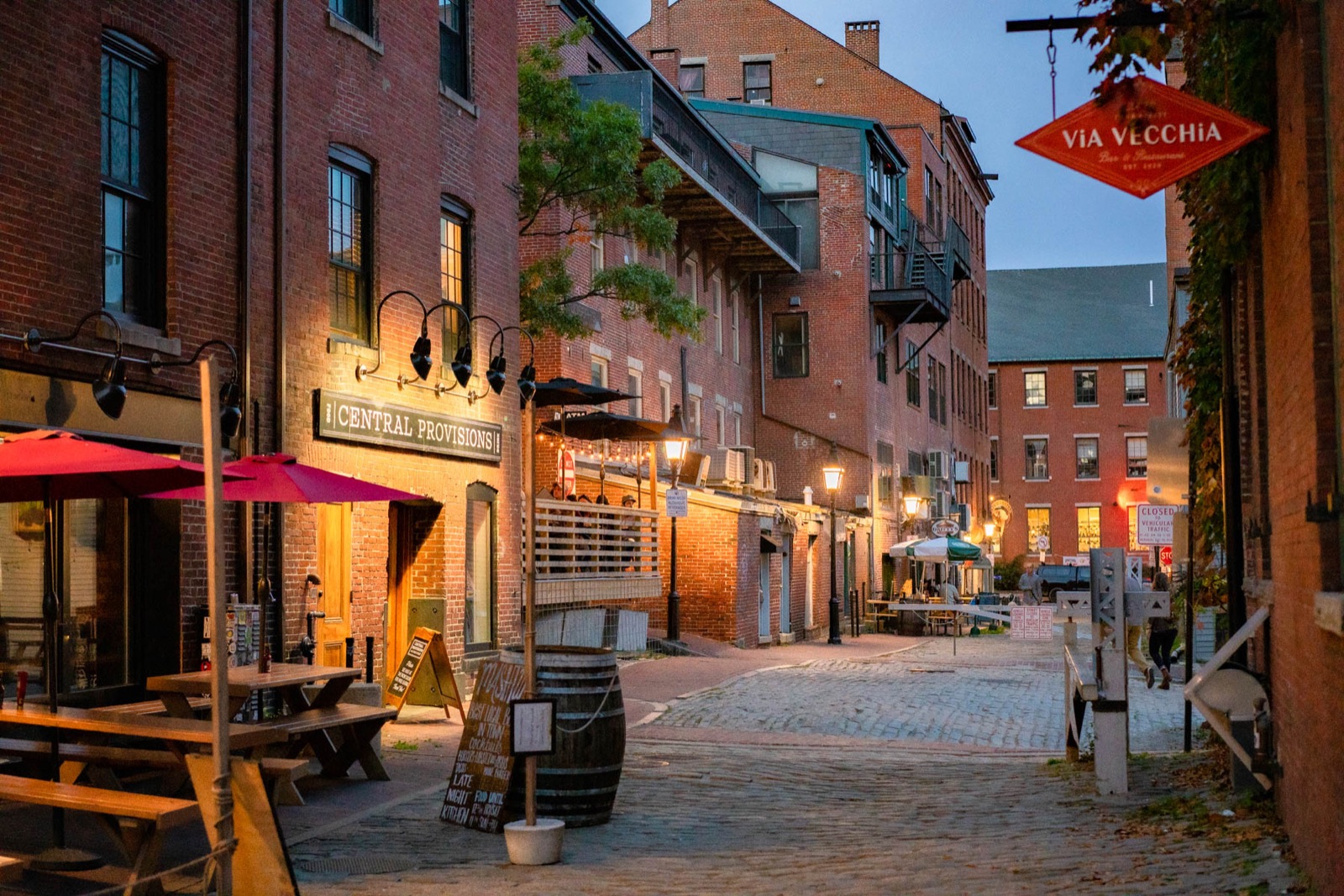 Brick buildings and shops in Portland's Old Port