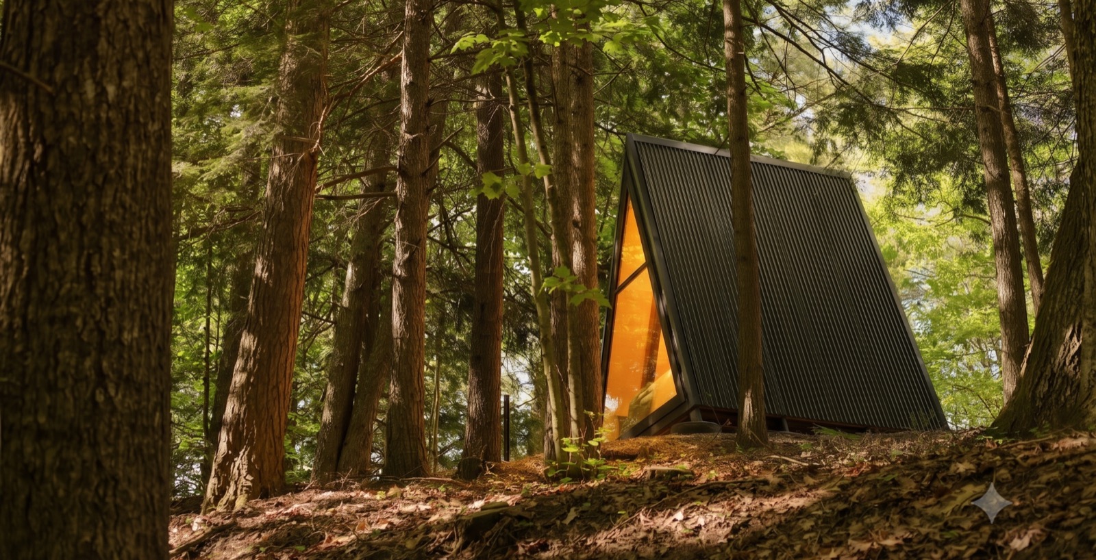 A Cozy A-frame cabin among tall trees